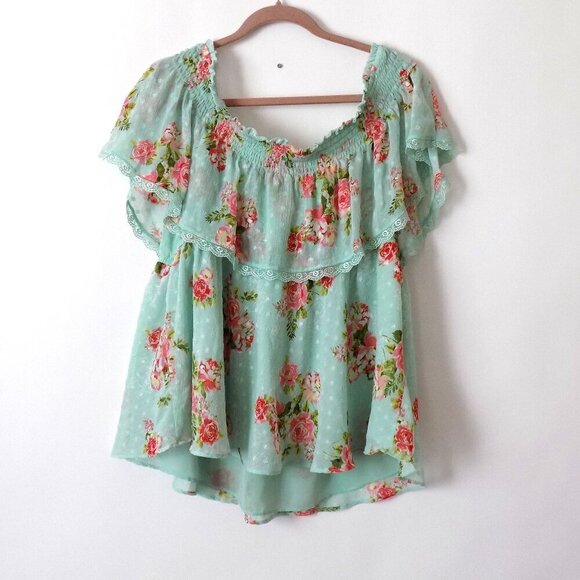 Torrid Swiss Dot off Shoulder Top Size 3X Floral Print Green - Picture 2 of 5